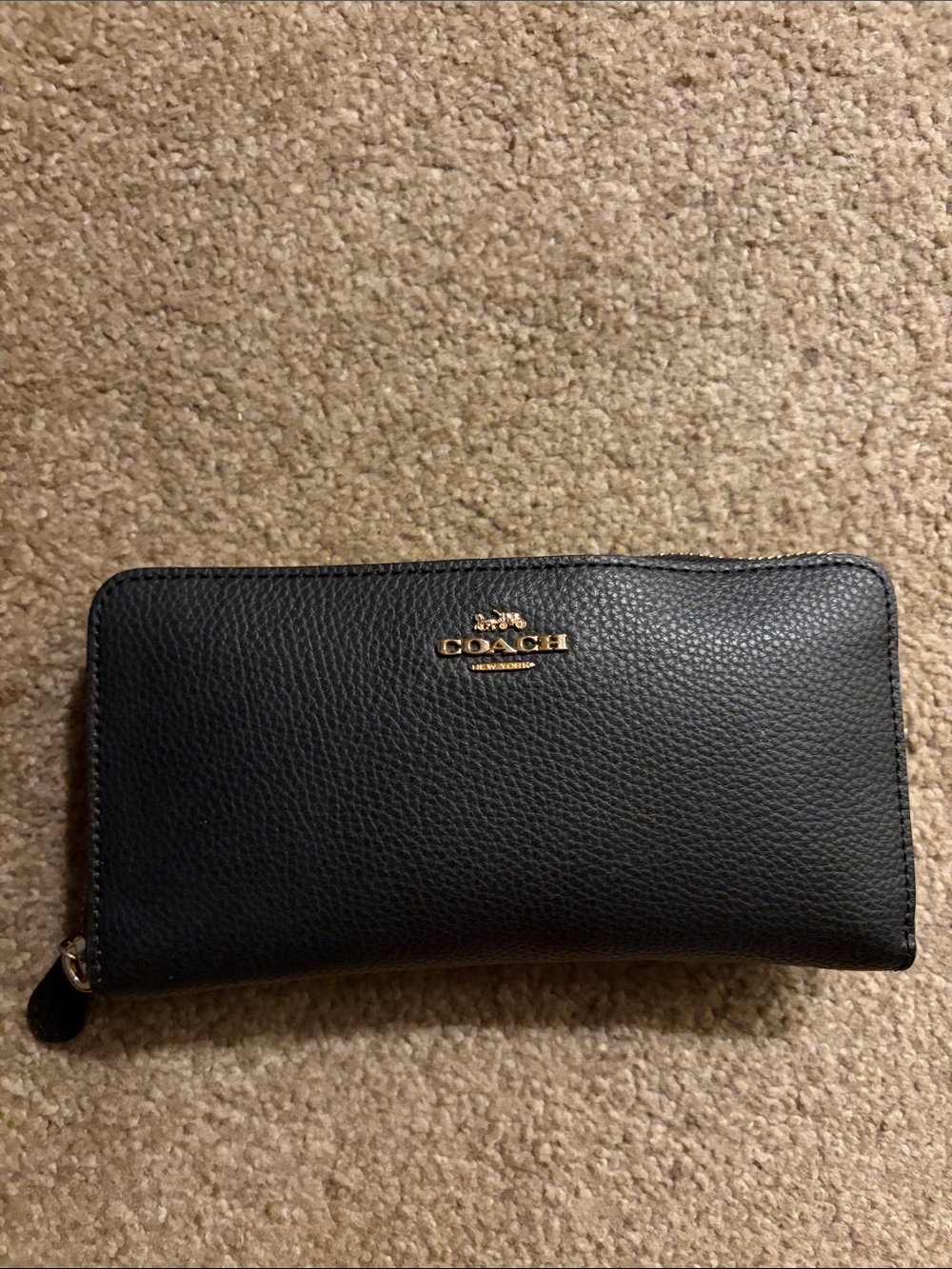 COACH Black Pebbled Leather Zip Around Wallet with Gold Logo
